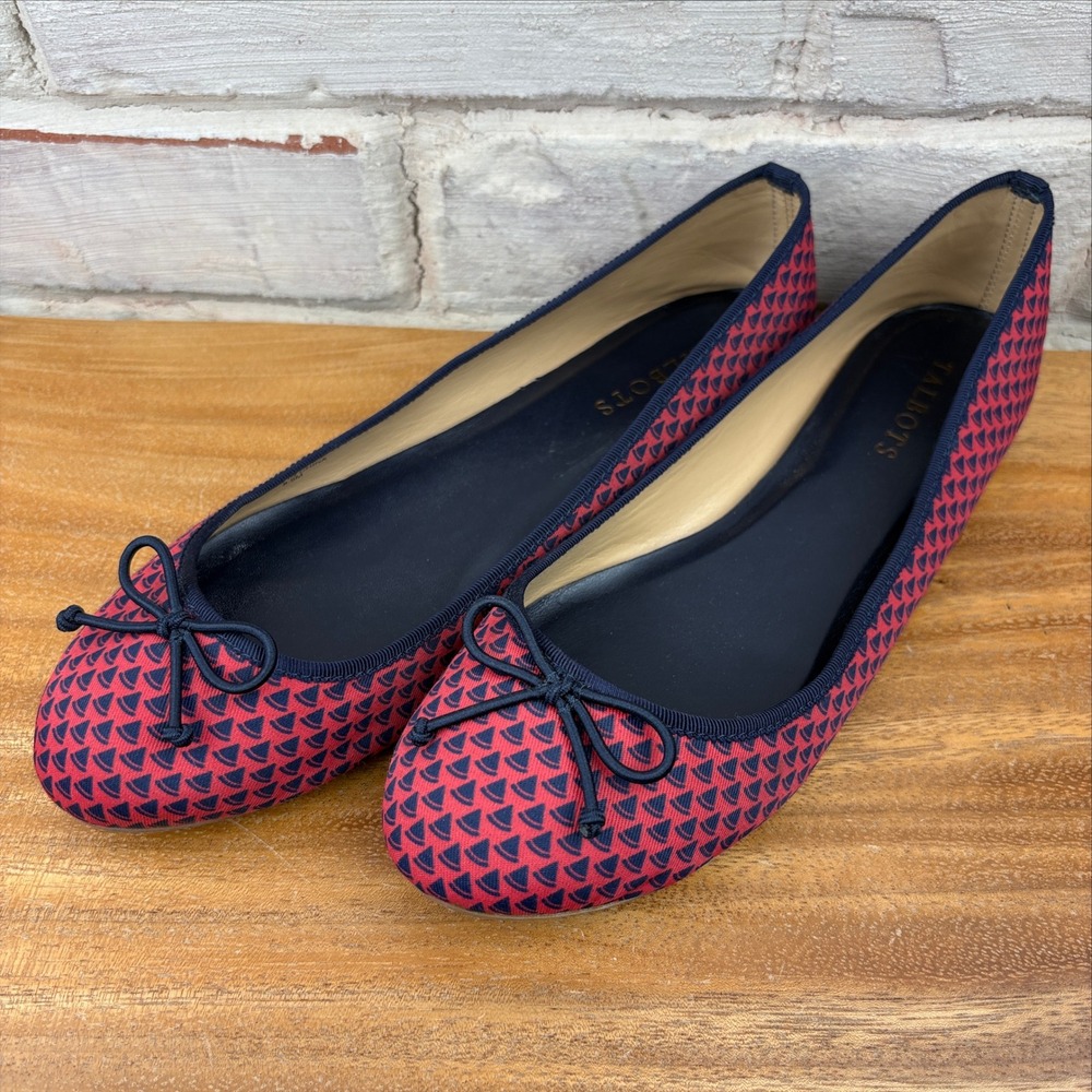 Talbots Red Navy Scallop Print Ballet Flats Bow Women's 8.5 Fall Autumn Palette